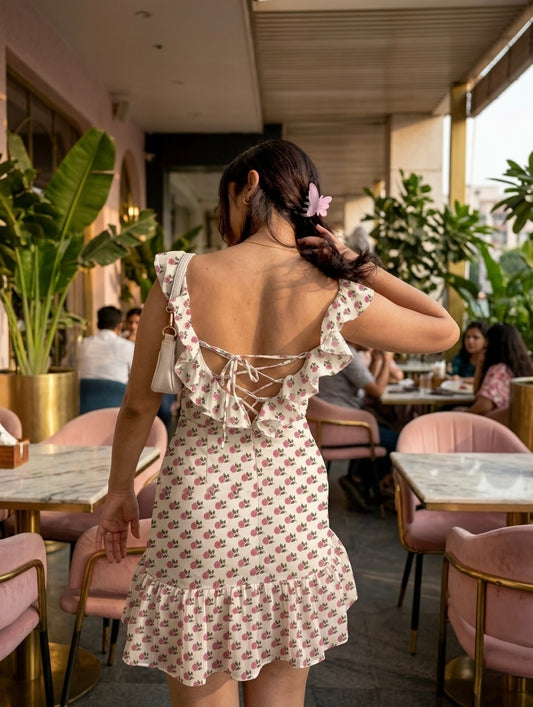 Rose Print Lace-Up Dress