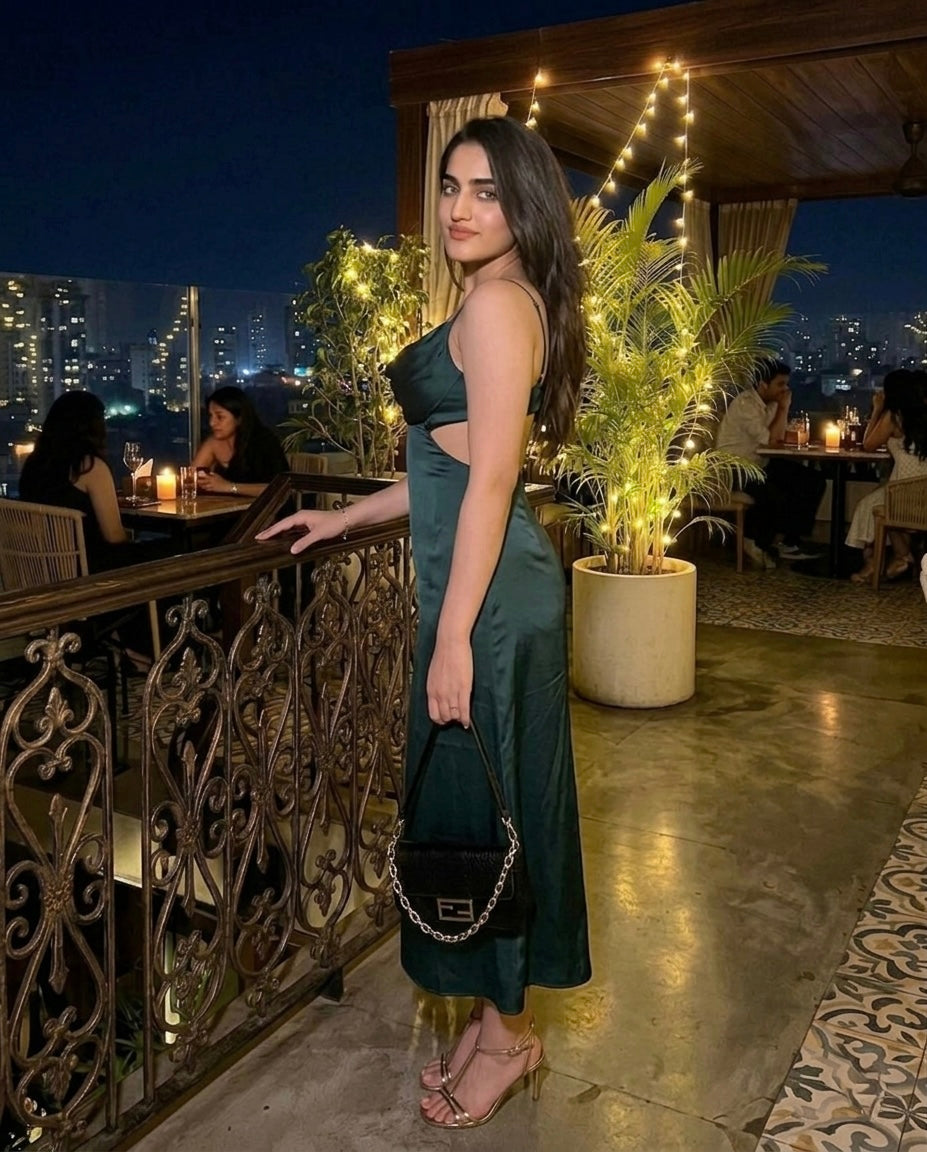 Emerald Green Satin Cowl Neck Midi Dress