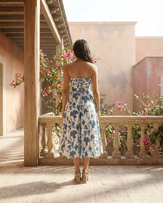 Blue Floral Lace-Up Back Strapless Dress