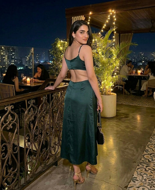 Emerald Green Satin Cowl Neck Midi Dress