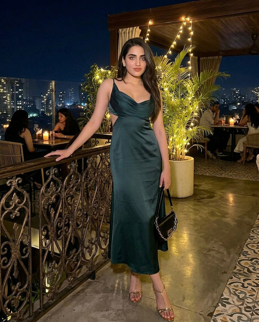 Emerald Green Satin Cowl Neck Midi Dress