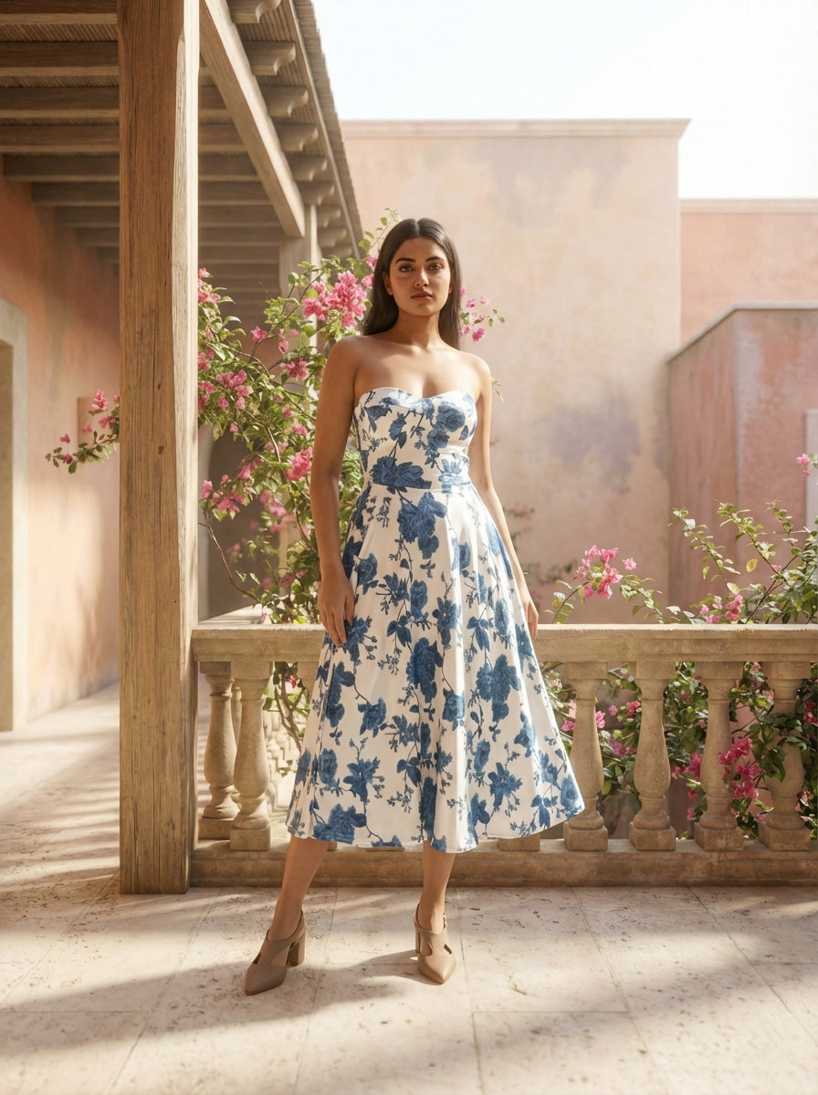 Blue Floral Lace-Up Back  Strapless Dress