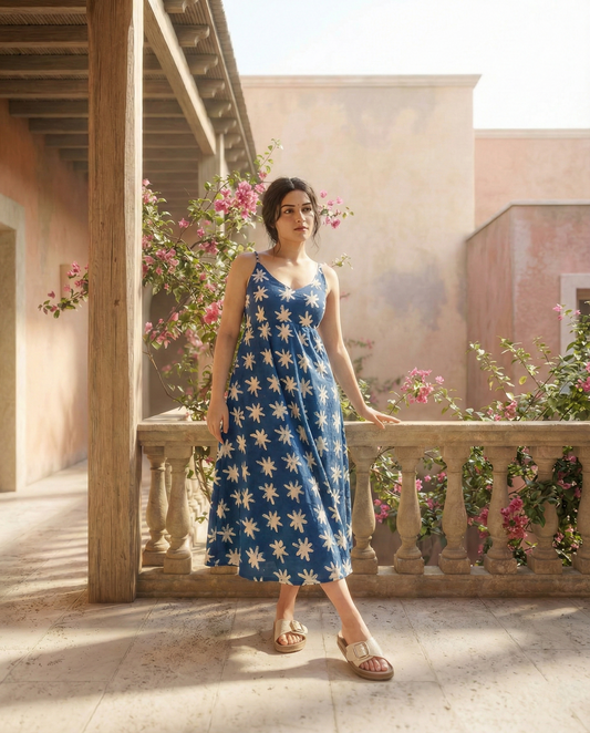 Blue & White Floral Midi Dress