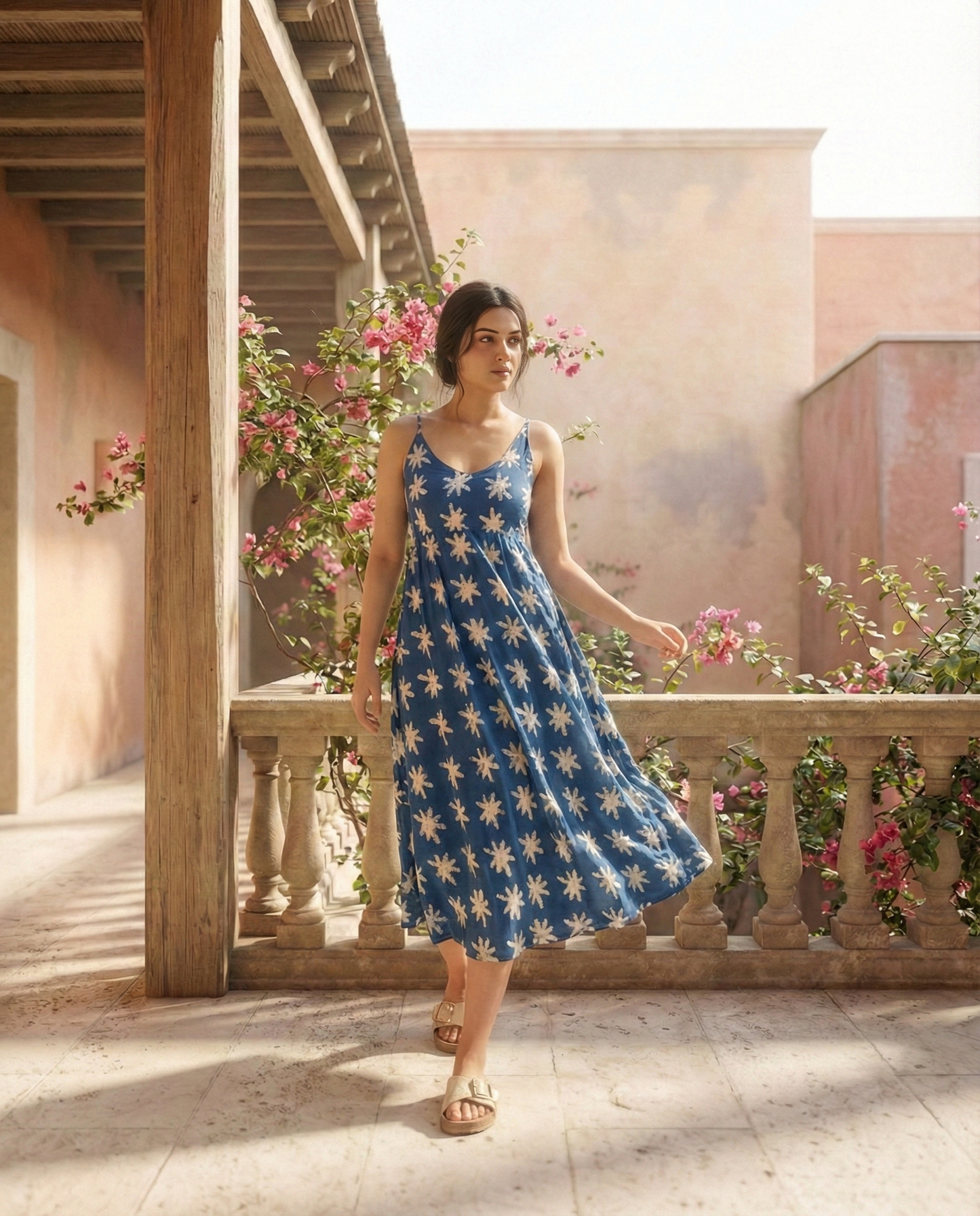 Blue & White Floral Midi Dress