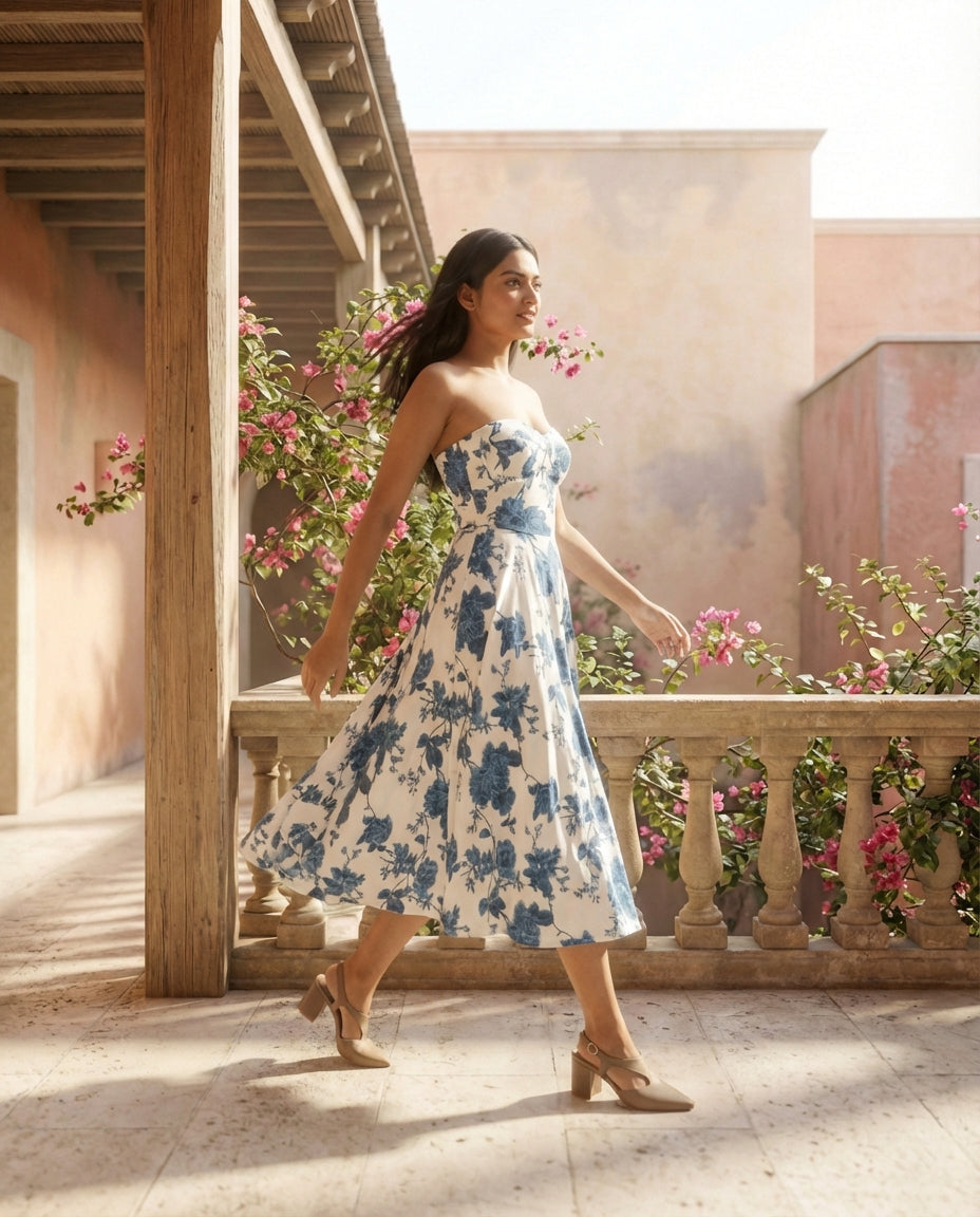 Blue Floral Lace-Up Back  Strapless Dress
