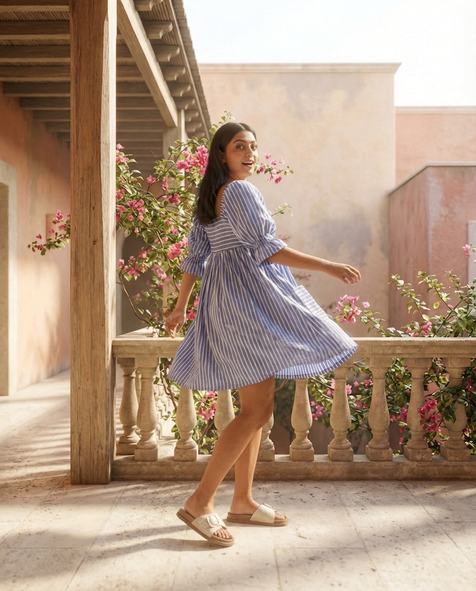 Blue and White Striped  Smocked Dress