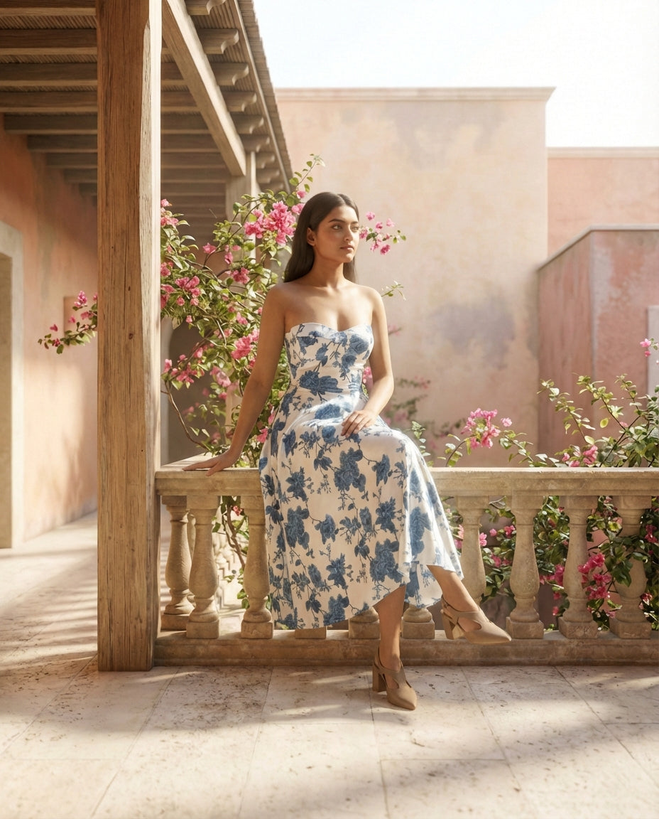 Blue Floral Lace-Up Back  Strapless Dress