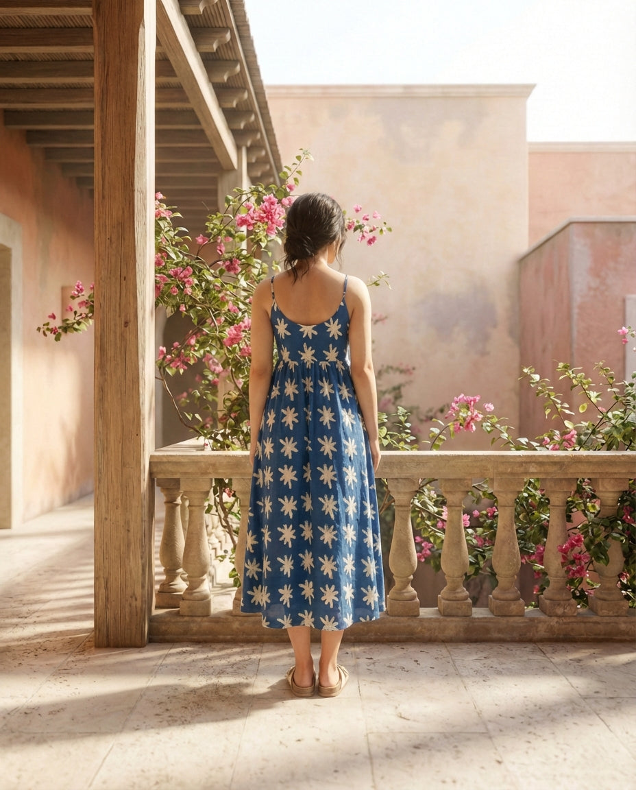 Blue & White Floral Midi Dress