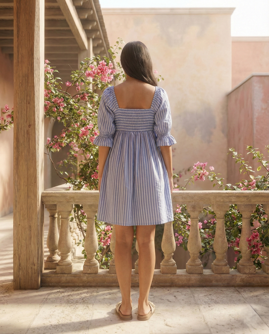 Blue and White Striped  Smocked Dress