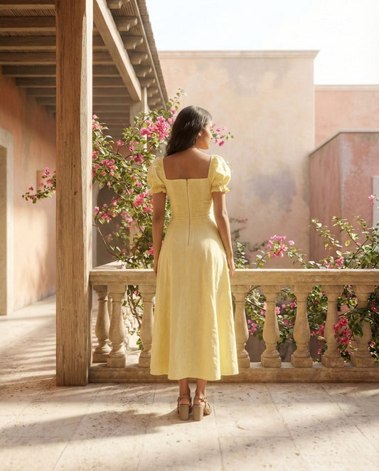 Pastel Yellow Puff Sleeve Dress